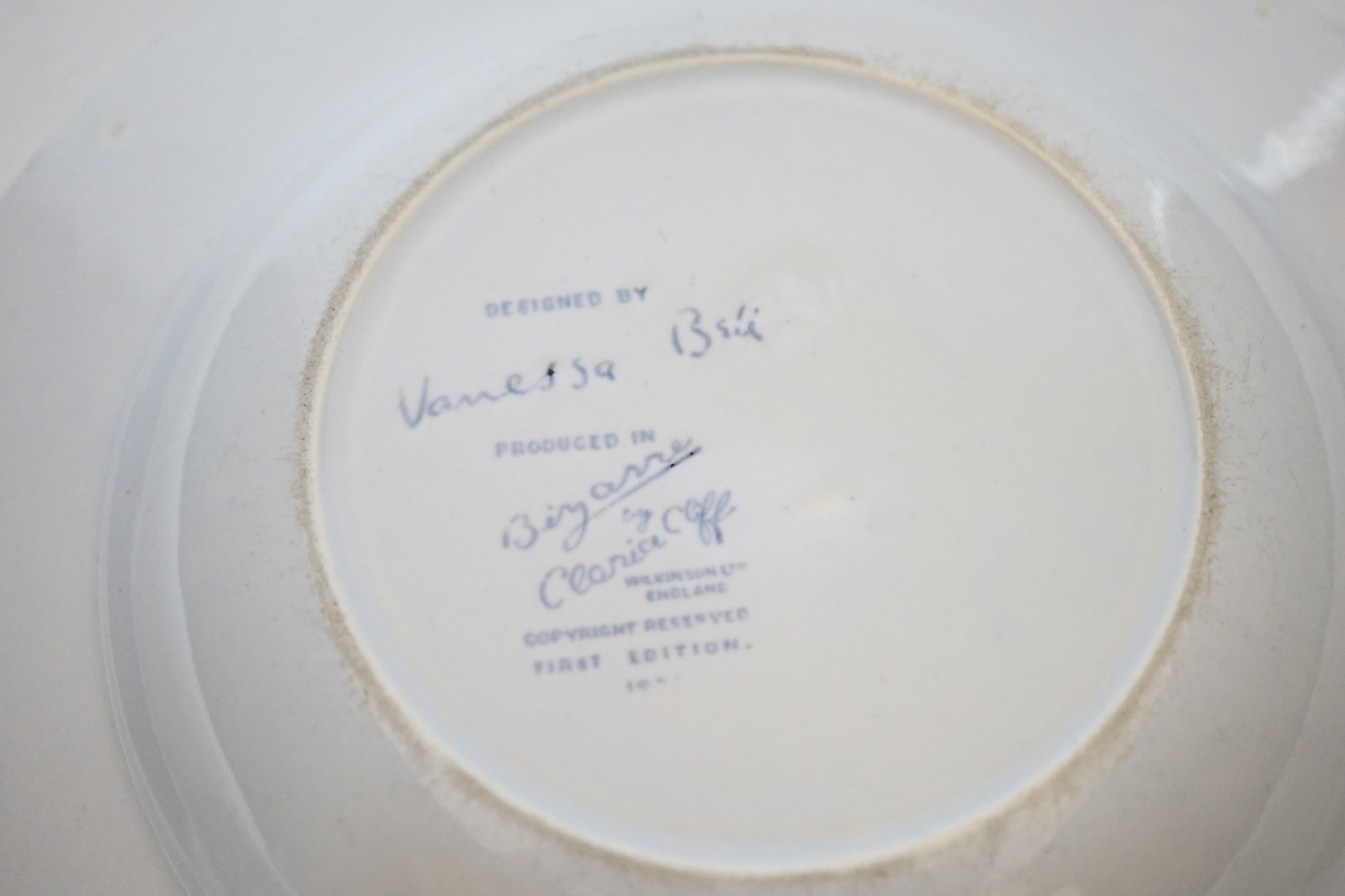 Vanessa Bell design blue and white soup dish,’ produced in Bizarre by Clarice Cliff, Wilkinson Ltd England, First Edition’, stamp to base, 23cm in diameter